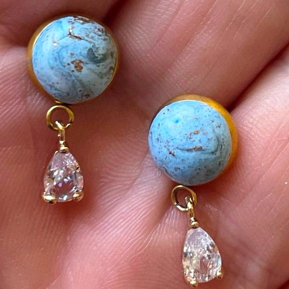 Dainty Blue Matte Stone Effect CZ Earrings - Picture 2 of 6